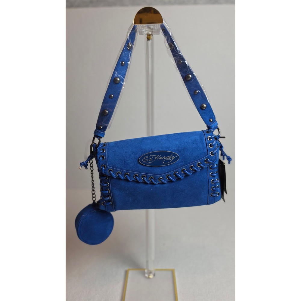 Ed Hardy Blue Vegan Suede Whipstitch Shoulder Bag Y2K McBling EHH392R1B-42-032